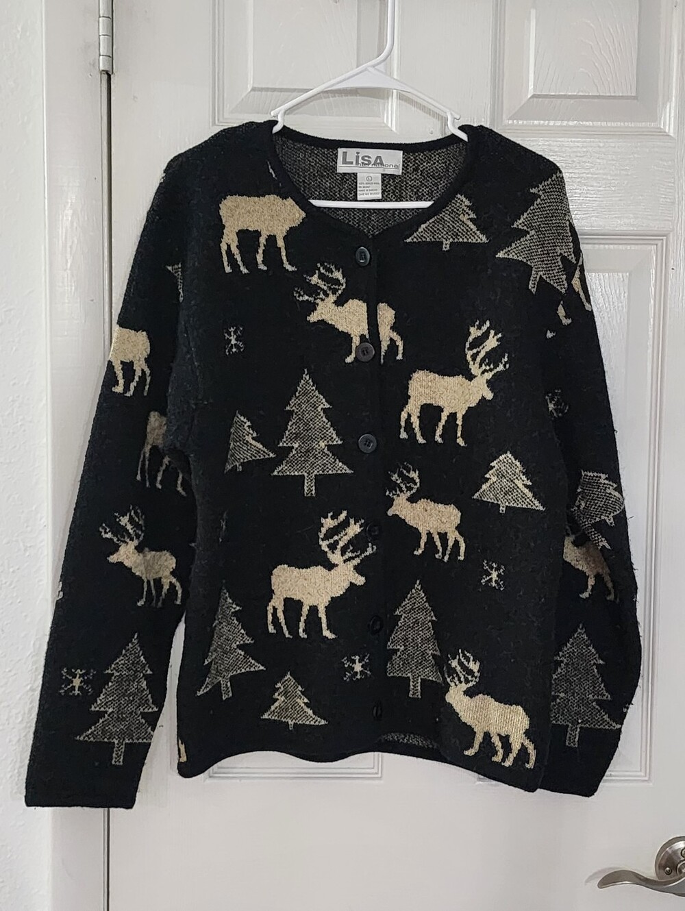 Lisa International Vintage Boiled Wool Reindeer Christmas Tree Cardigan L